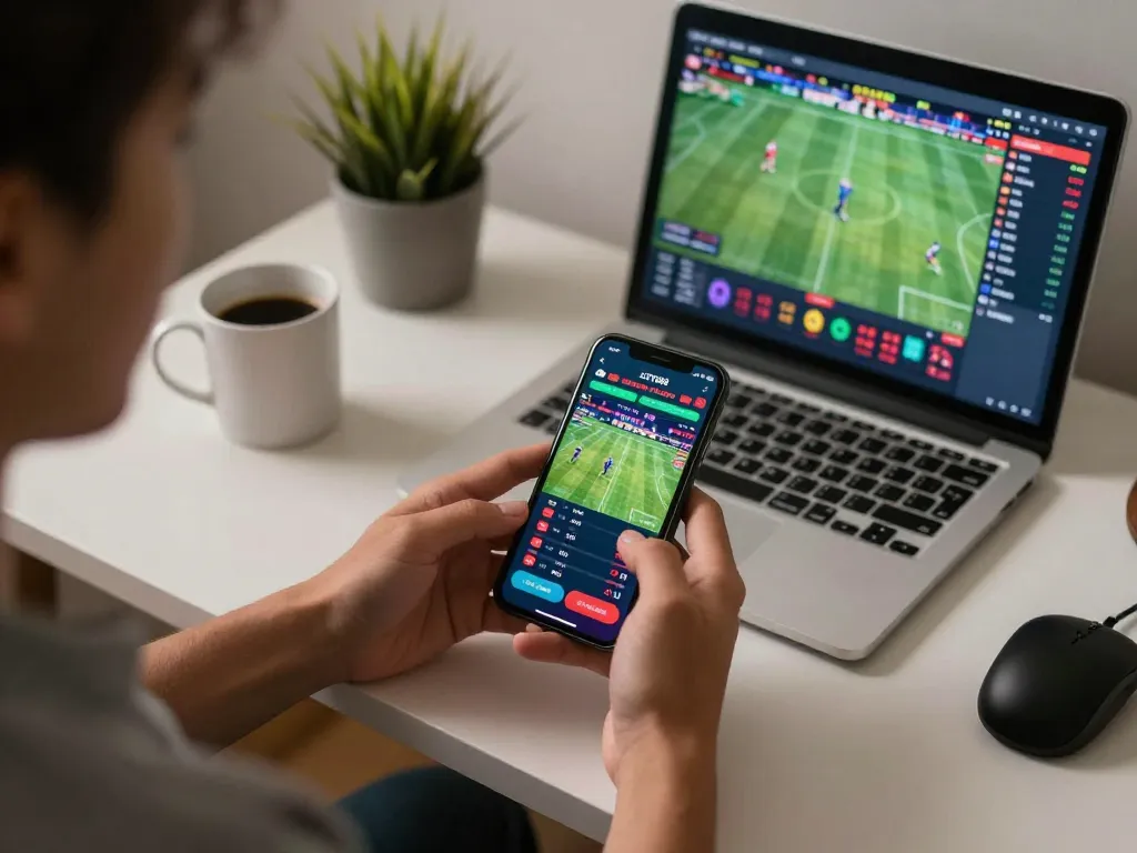 Engaging in mobile sports betting on LOTO188, showcasing phone display of live odds and matches in modern home office.