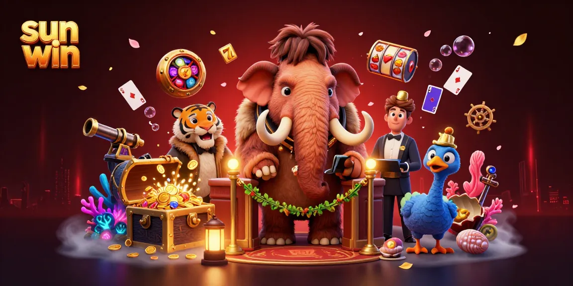 Sun win casino illustration with a mammoth bouncer, saber-tooth tiger VIP, and dodo doorman.