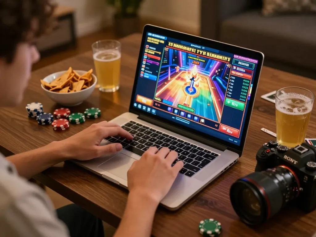 Engaging in online slot games at home with jus77 atmosphere, showcasing excitement and strategy.