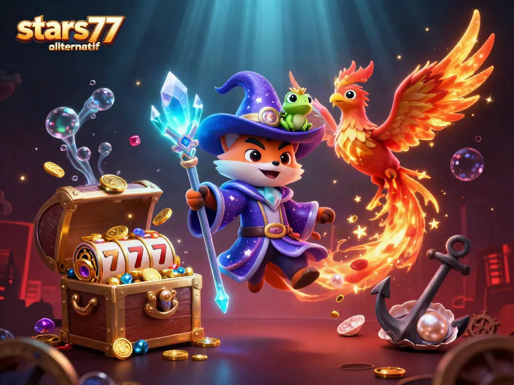 Permainan keren di stars77 alternatif dengan slot dan karakter 3D berwarna-warni.
