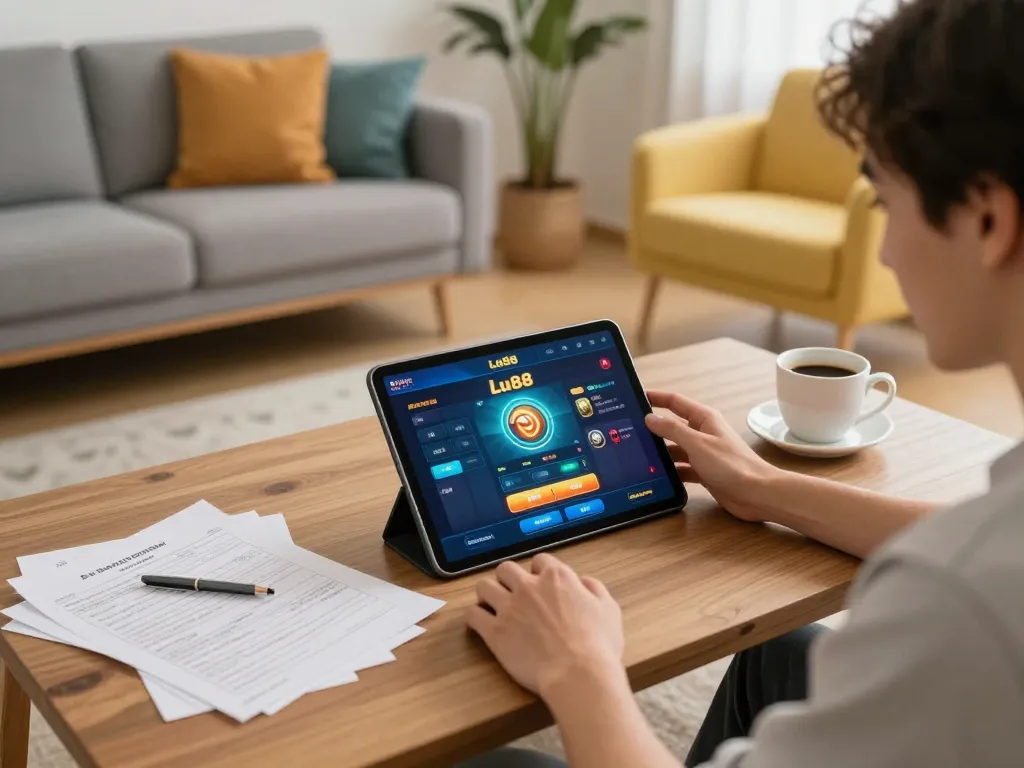 Engaging on Lu88 online gaming platform in a cozy home setup, highlighting responsible play.