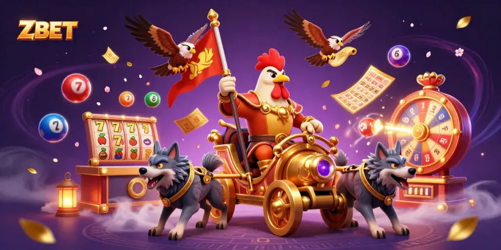 ZBET showcases vibrant 3D illustration of a rooster warlord in a lively casino scene with lottery elements.
