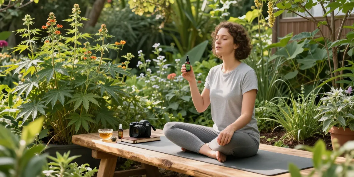 semena Ministry of Cannabis in a serene garden scene with CBD oil, hemp plants, and wellness items promoting natural health.