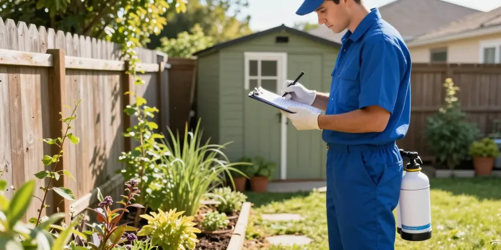 Pest control technician inspecting a garden for pests, emphasizing professional pest management.