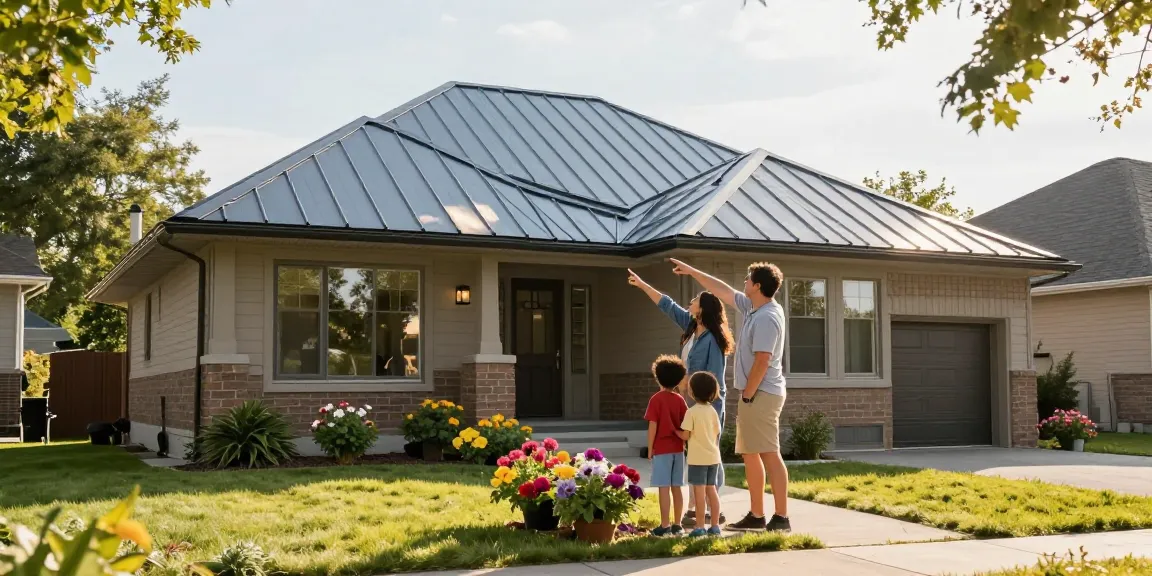 Family admiring their new steel roofing Mississauga, showcasing energy efficiency and design in a cozy suburban home.