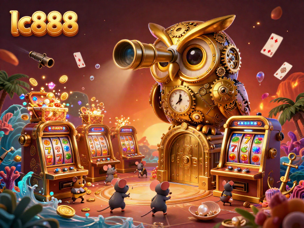 Experience the vibrant casino atmosphere of lc888 with golden owl and animated slot machines.
