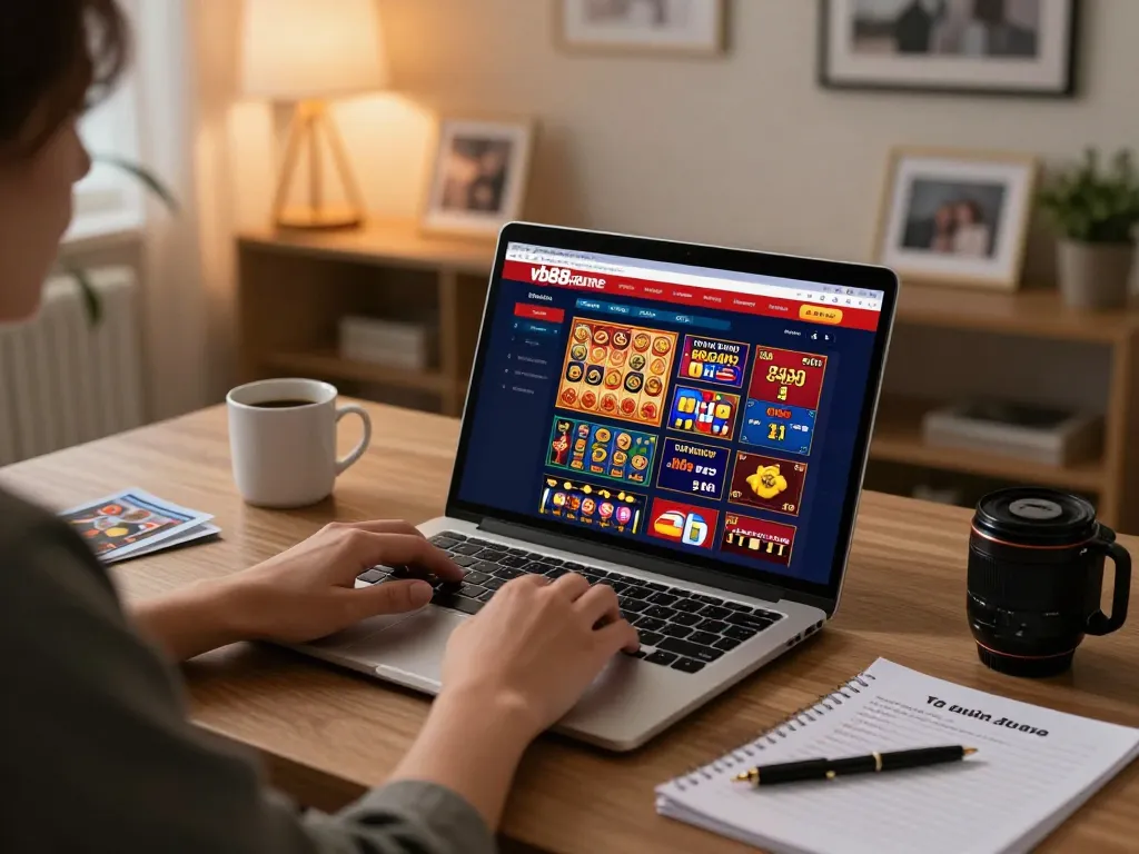 Player engaging with vb88game's online casino on a sleek laptop, showcasing strategic gaming at home.