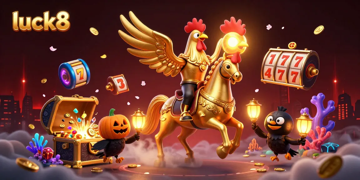 Explore luck8 with a dynamic scene featuring golden rooster and ghostly horse in a casino.