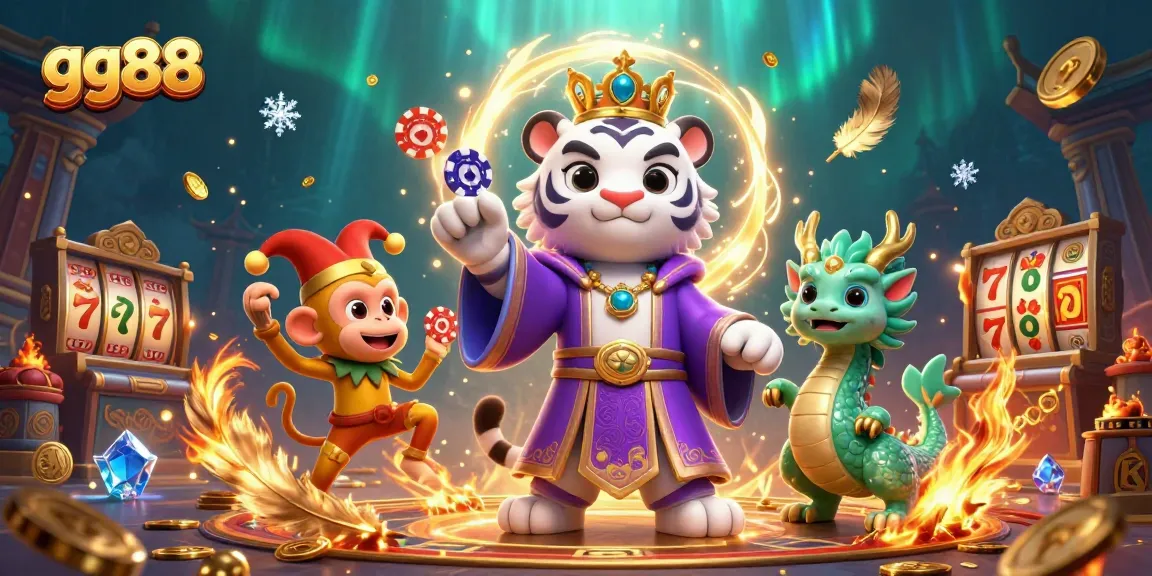 Engage with gg88's casino magic featuring a royal tiger, jester monkey, and jade dragon amidst dynamic gaming elements.