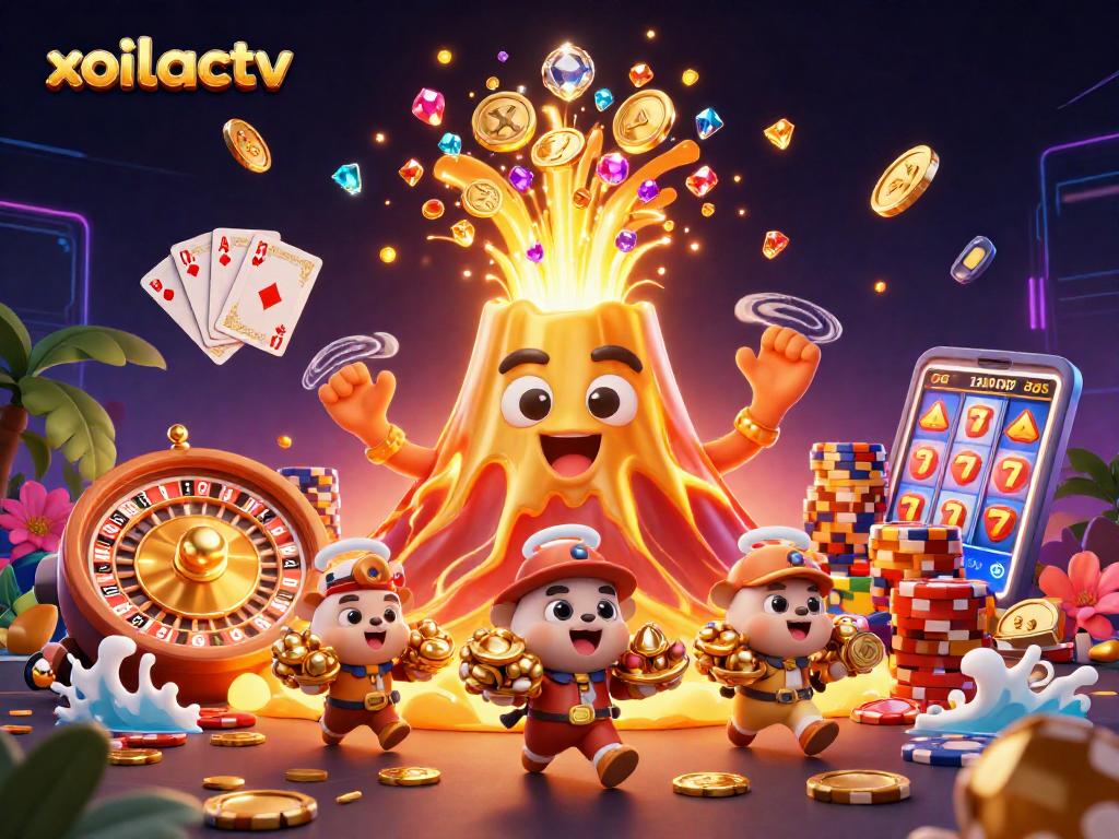 Engage with xoilactv's thrilling casino scene featuring a golden volcano and treasure-filled adventure.