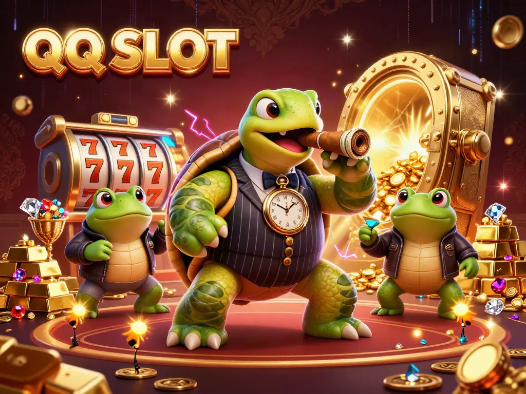 Experience the thrill of QQ SLOT with a dynamic 3D scene showcasing a cartoon turtle and bullfrog enforcers in a casino.