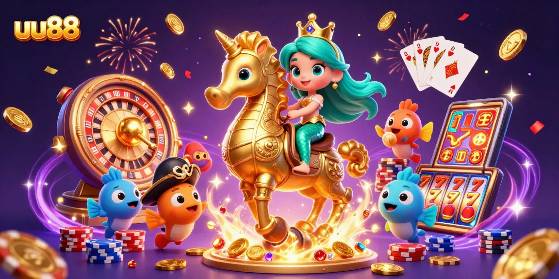 Play thrilling games and win with uu88, showcasing vibrant casino elements and engaging characters.