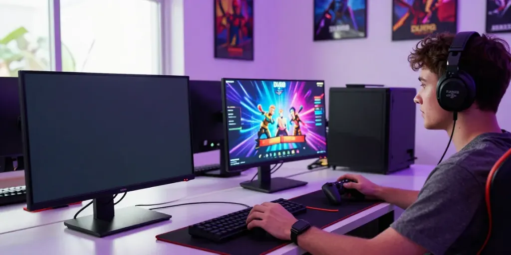 Focused gamer enjoying DU88 games with multiple monitors in a vibrant atmosphere.