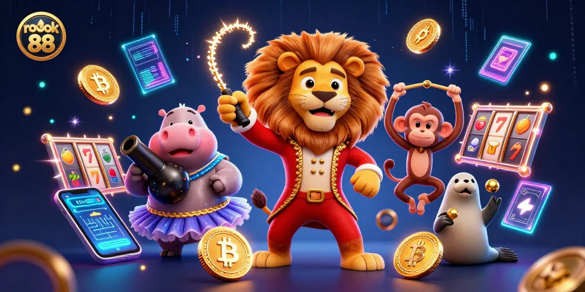 Engage with rokok 88 casino fun as cartoon characters showcase vibrant slot action and crypto elements.
