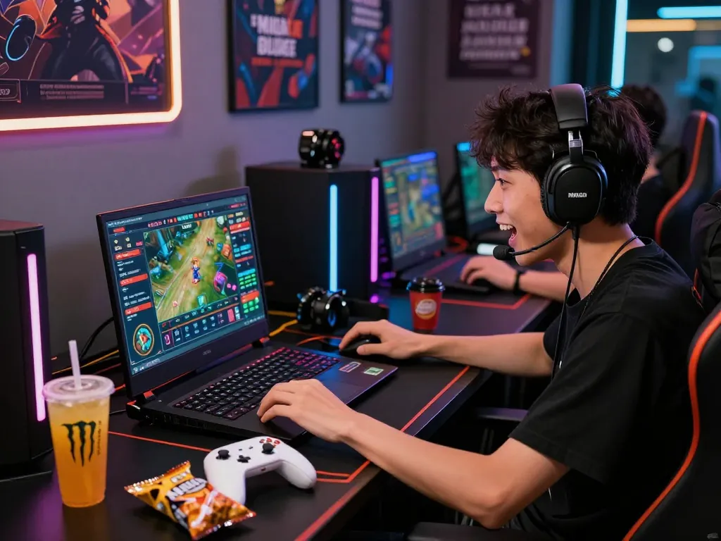 Excited player engaged in thrilling MM88 online betting session with vibrant graphics and gaming accessories.