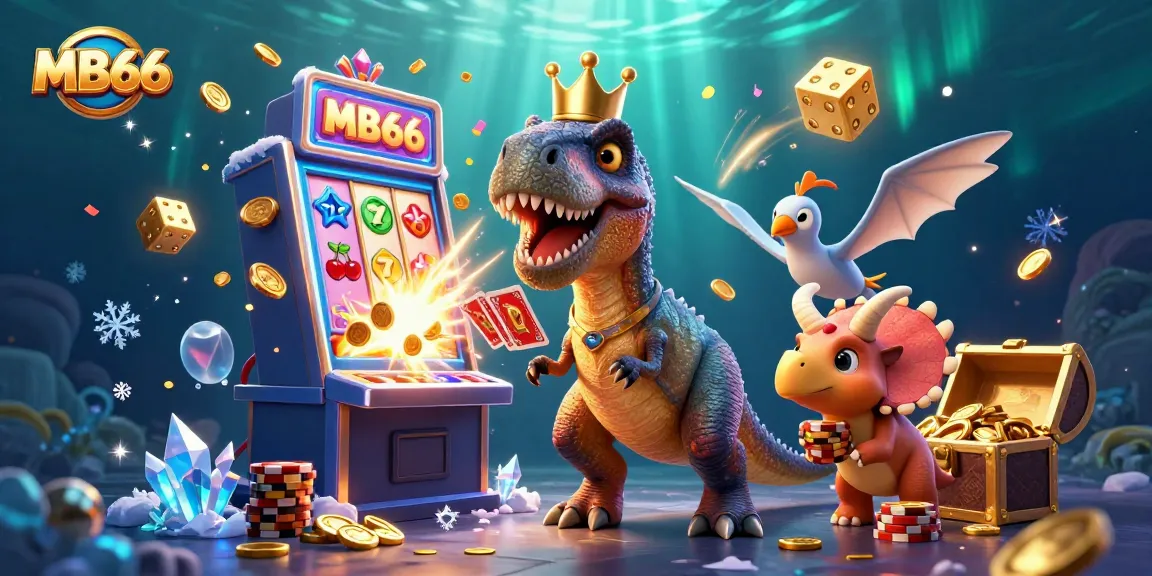 Engage with MB66 in a vibrant 3D casino scene filled with cartoon characters, slot machines, and jackpot excitement.