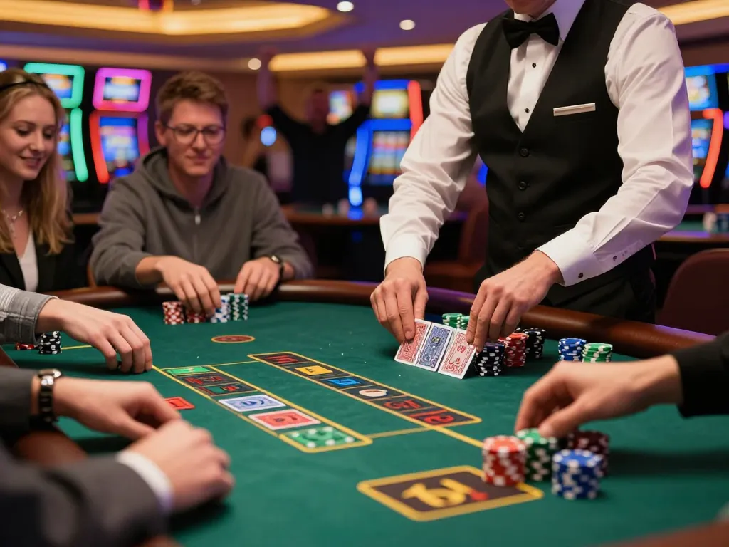 Players at a blackjack table engaging in gameplay at say88 casino, showcasing excitement and strategy.