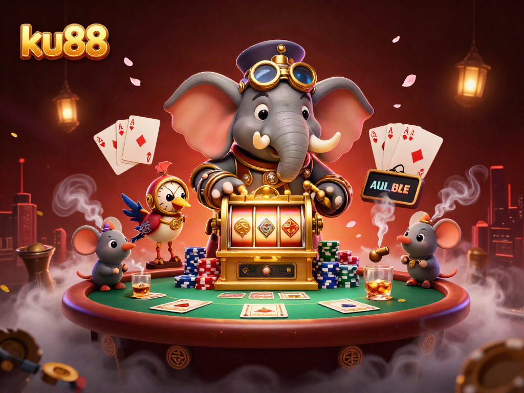Experience the excitement of ku88 with a steampunk elephant engineer operating a golden slot machine.