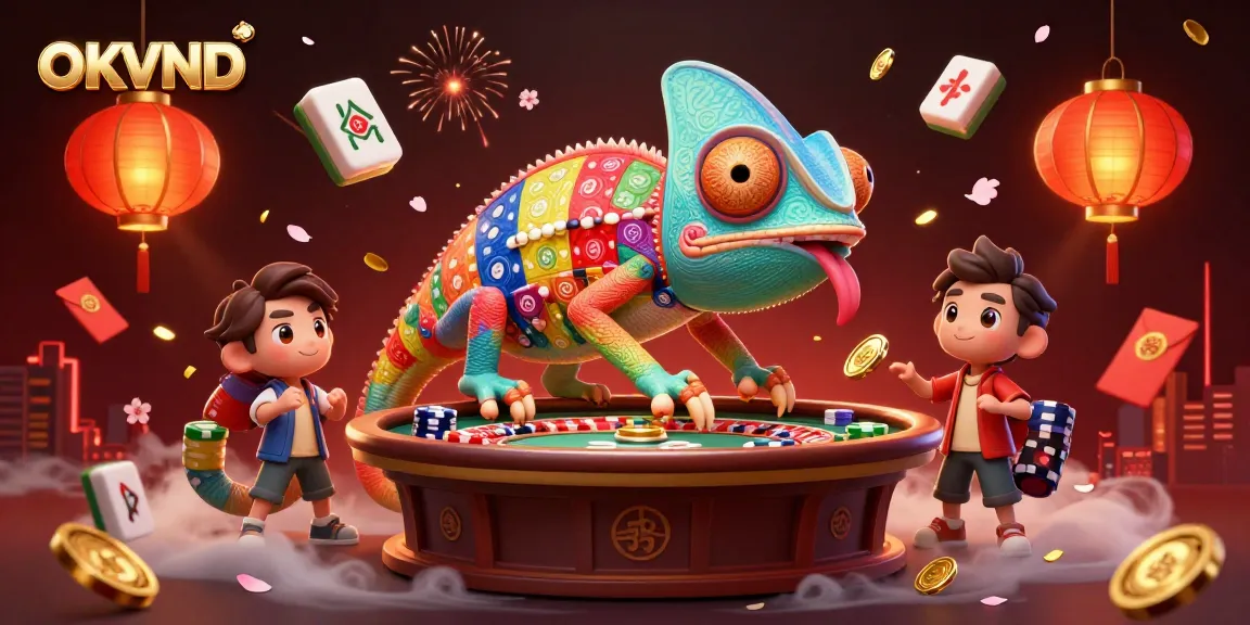 Experience OKVND's thrilling casino adventures with our vibrant 3D illustration of a chameleon casino owner.