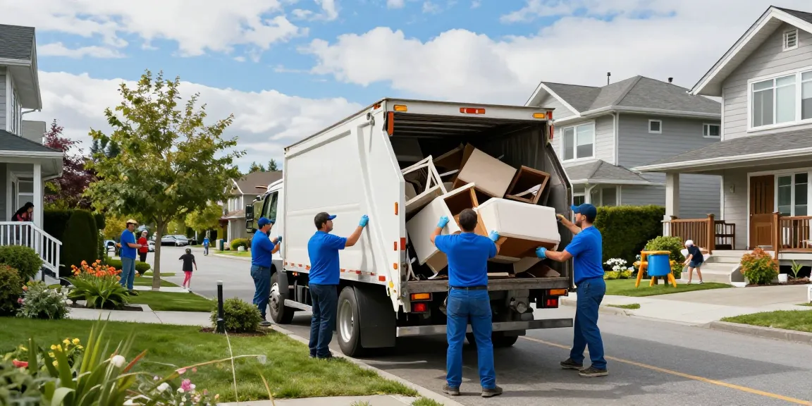 Vancouver Waste Removal team loading a truck with furniture and recycling materials in a residential area.