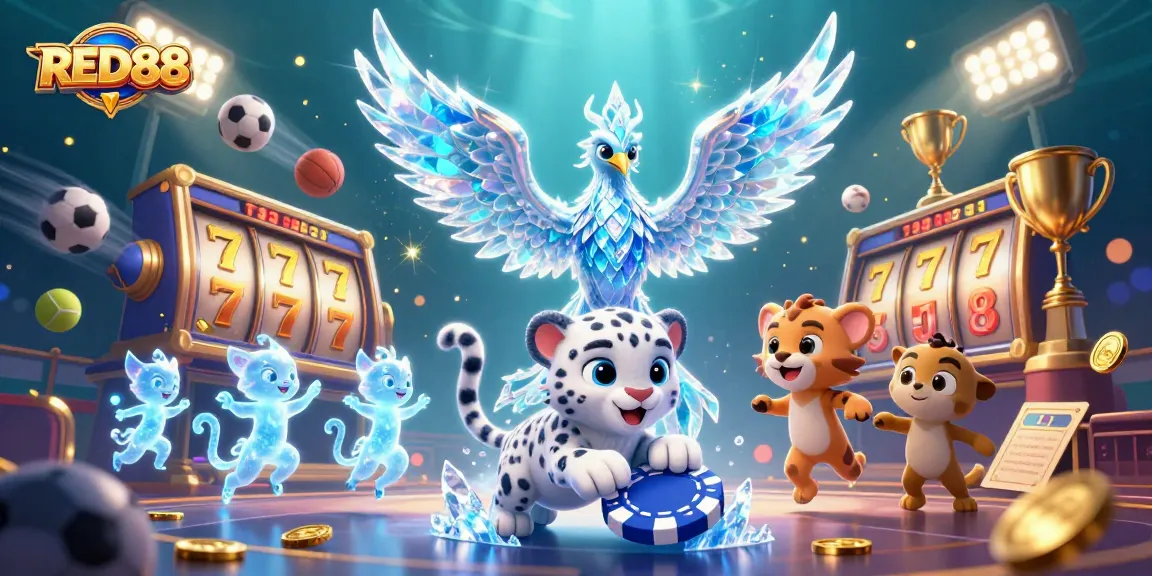 Experience the vibrant RED88 casino adventure with an ice phoenix and playful gambling elements.