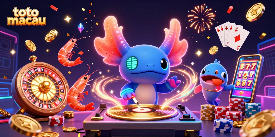 Menang dalam permainan toto macau dengan ilustrasi 3D cerah dari DJ axolotl dan karakter unik, penuh semangat.
