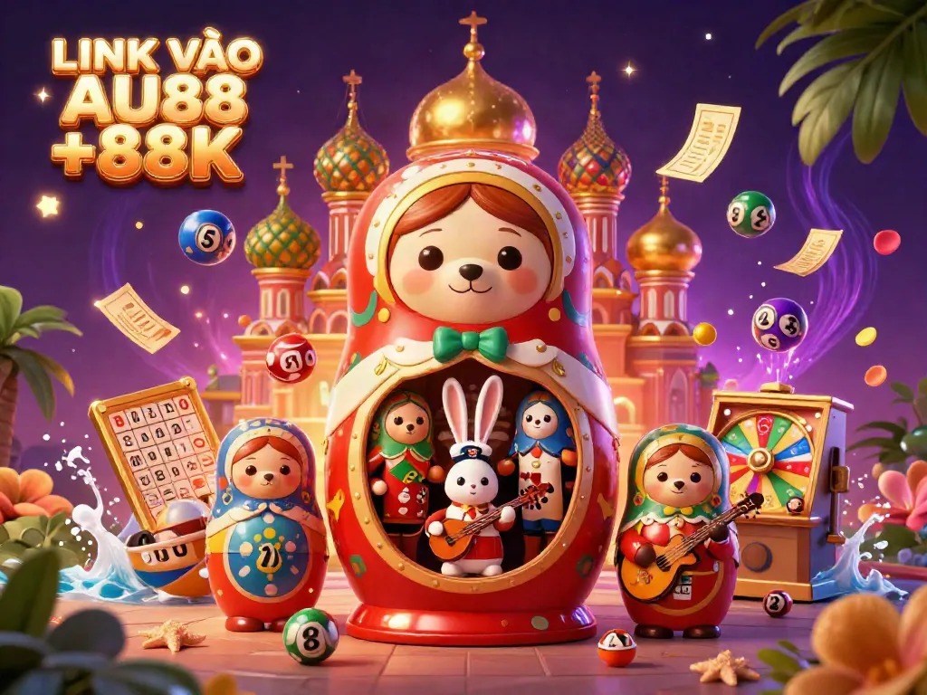 Experience exciting gameplay with LINK VÀO AU88 +88K in this vibrant 3D casino illustration featuring playful elements and lively colors.