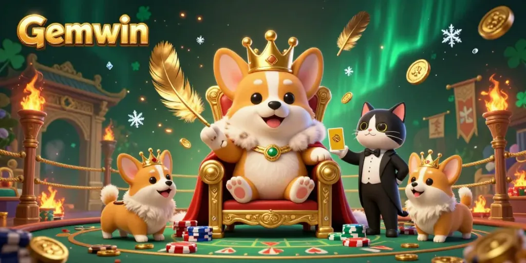 Play with excitement at Gemwin's royal gaming throne surrounded by vibrant casino elements.