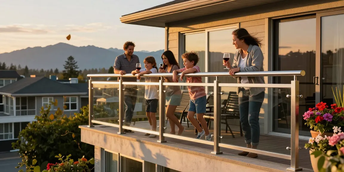 Custom railing enhances family balcony experience in Vancouver, showcasing modern design and outdoor living.