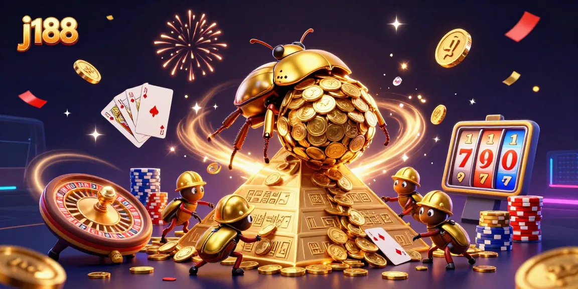 Experience thrilling gaming at j188 with a golden dung beetle and a pyramid of coins.