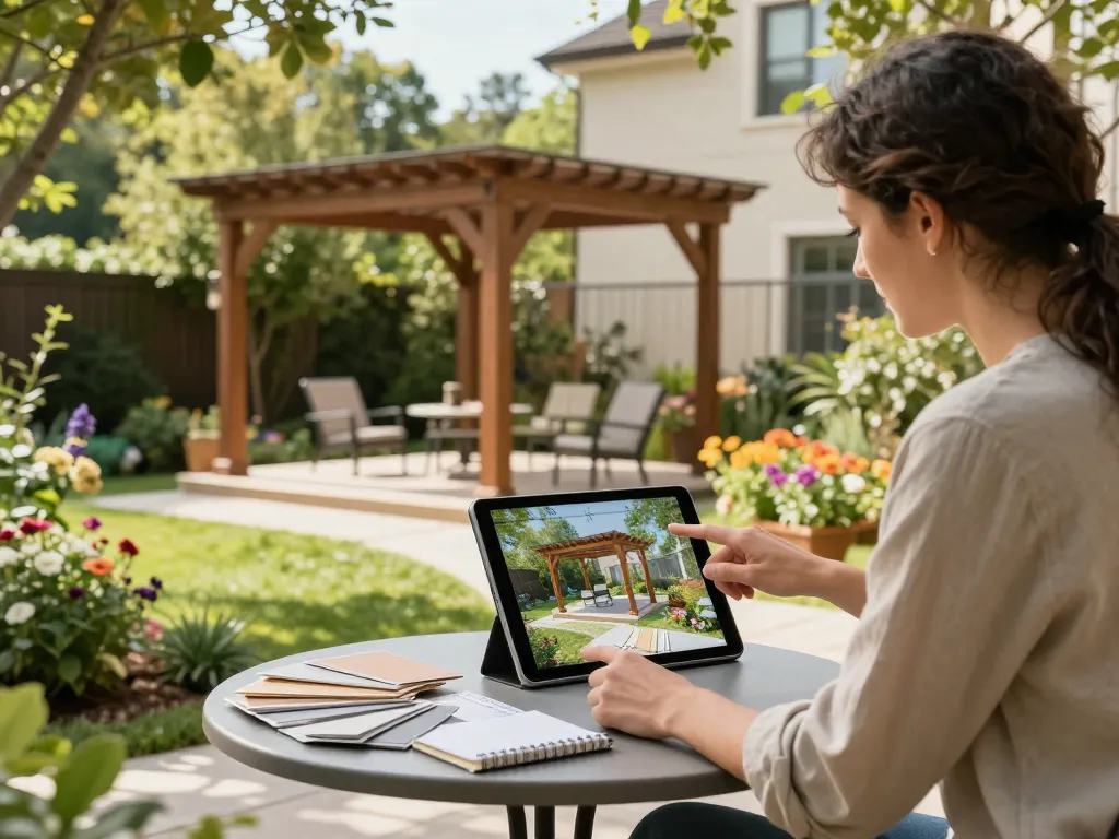 Customer using Pergola Configurator Software to visualize a custom pergola in their garden with designer support.