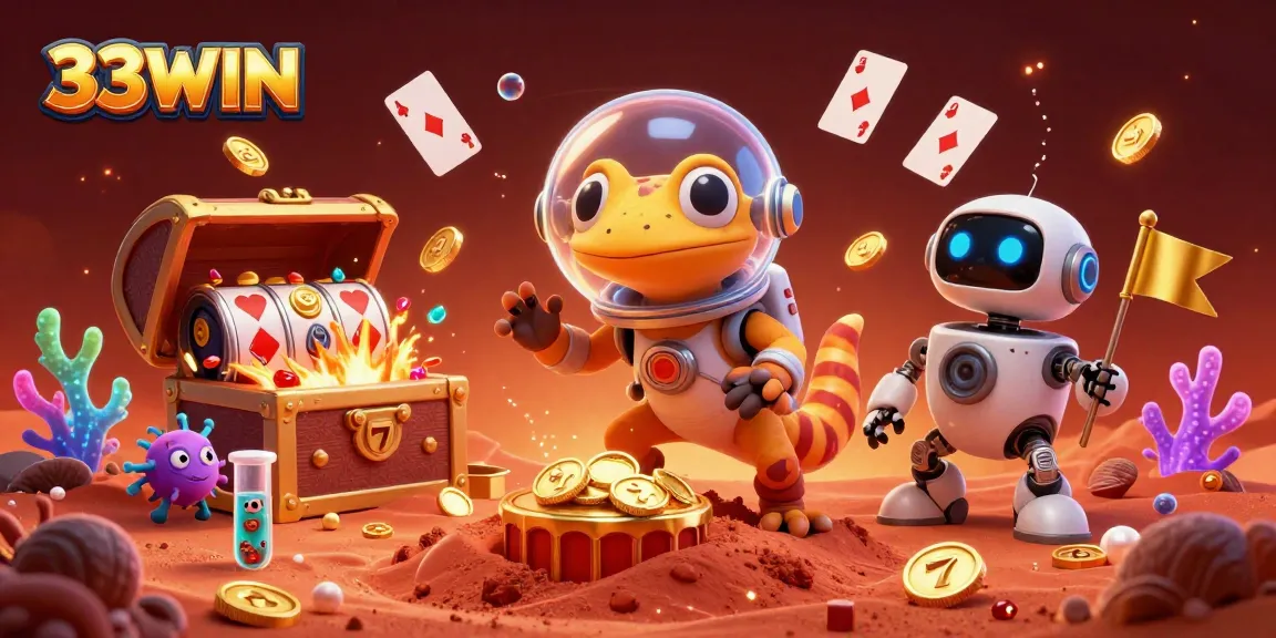 Win big at 33WIN with a 3D Martian scene featuring slots, gold coins, and excitement!