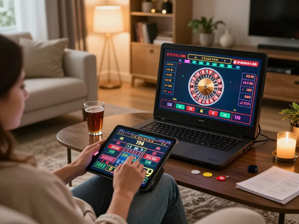 Play engaging online casino games on vuabet88i with a tablet in a cozy home setting