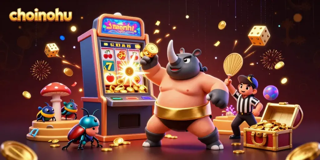 Join the exciting world of choinohu as a sumo beetle stomps coins from a vibrant slot machine explosion.