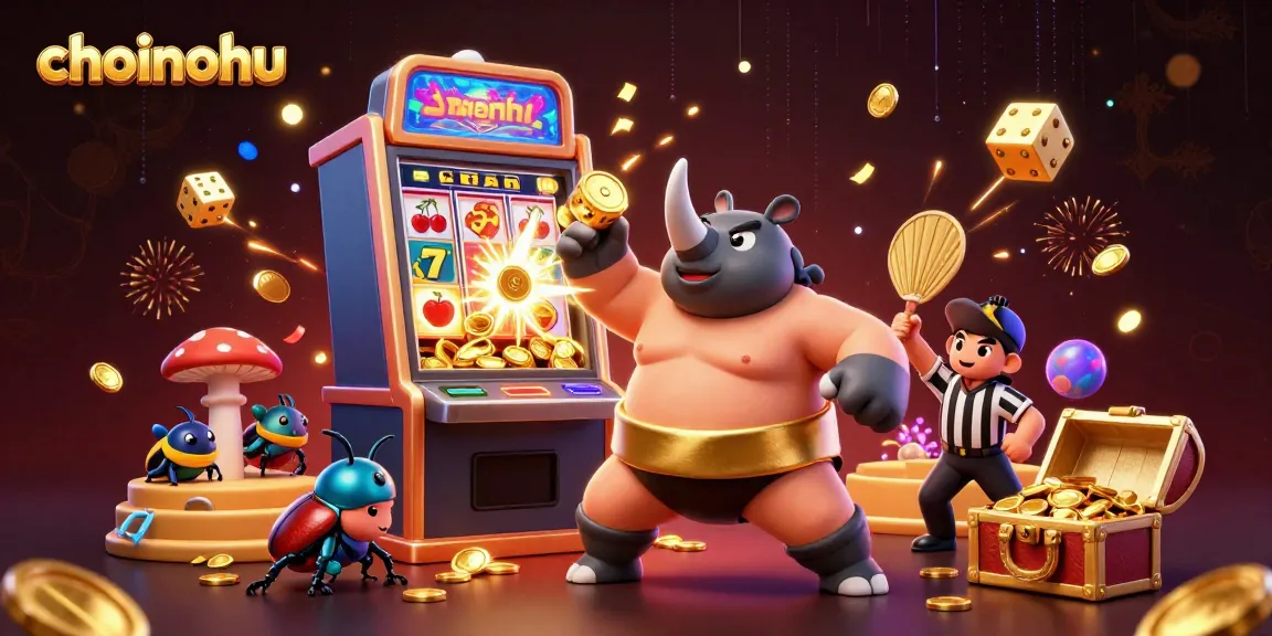 Join the exciting world of choinohu as a sumo beetle stomps coins from a vibrant slot machine explosion.