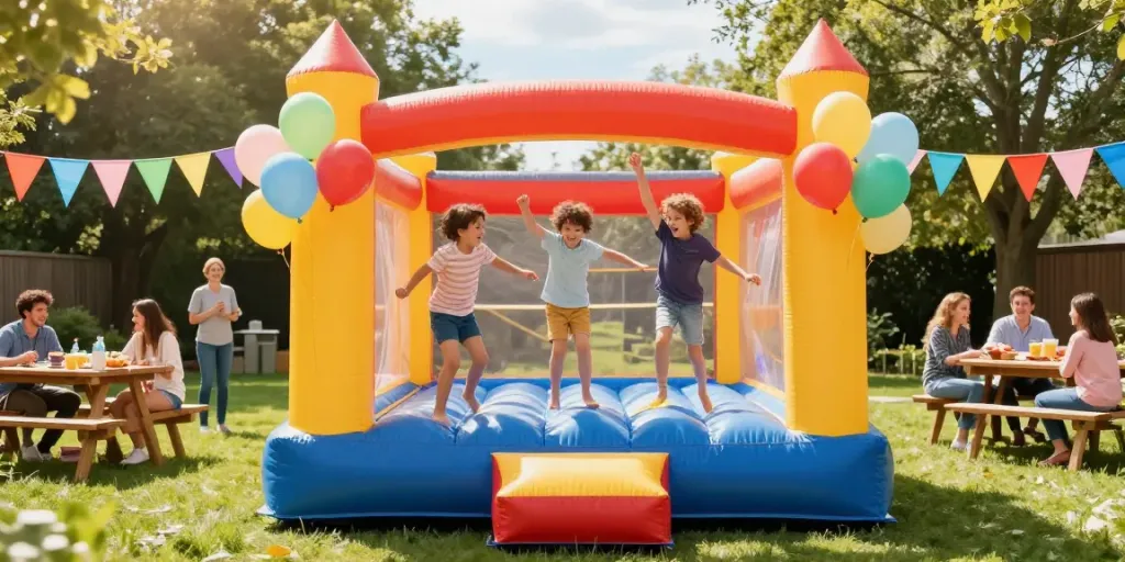 Children enjoying a bounce house at a vibrant outdoor party.