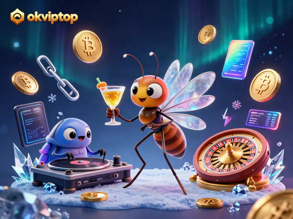 Experience thrilling gaming action with okviptop's vibrant casino scene featuring a unique frozen mosquito mascot.