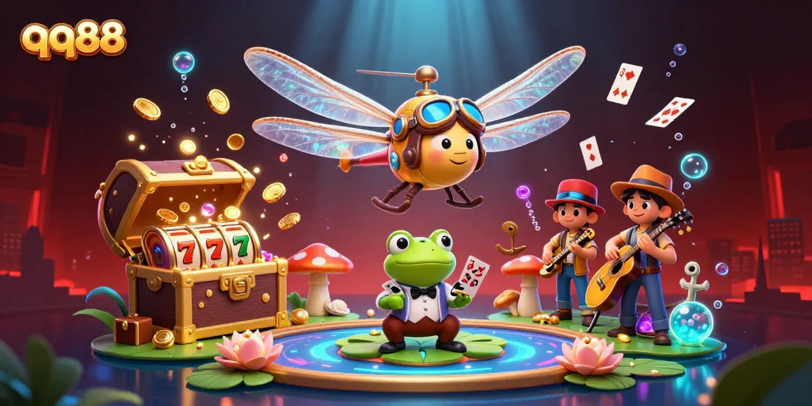 Experience thrilling gameplay at qq88 with a vibrant 3D illustration showcasing a casino scene filled with cards, gold rewards, and lively characters.