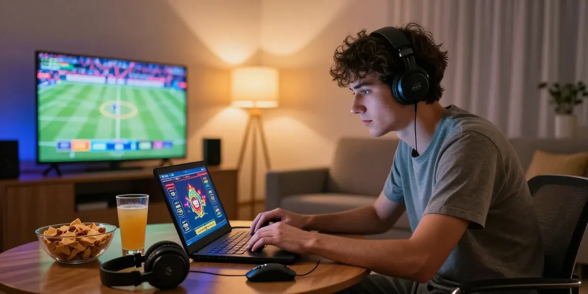Engaged player using https://sky88tg.com/ for online casino games in a cozy setting.