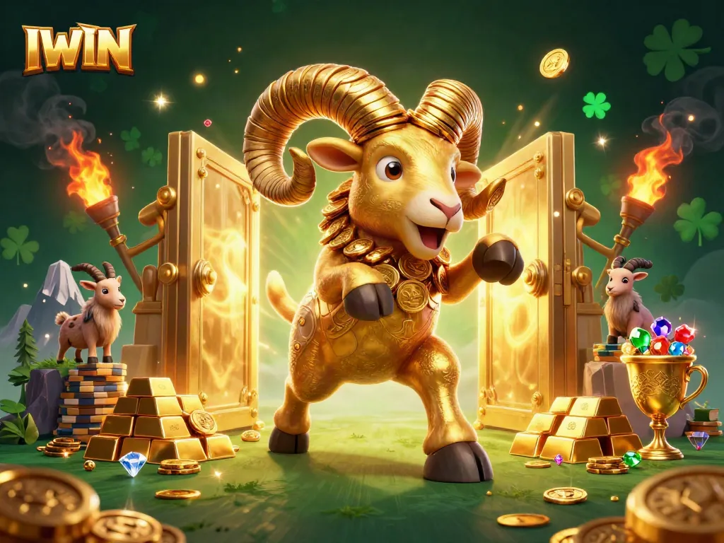 IWIN engages players with a golden ram at the gates of a luxury casino, surrounded by treasures.