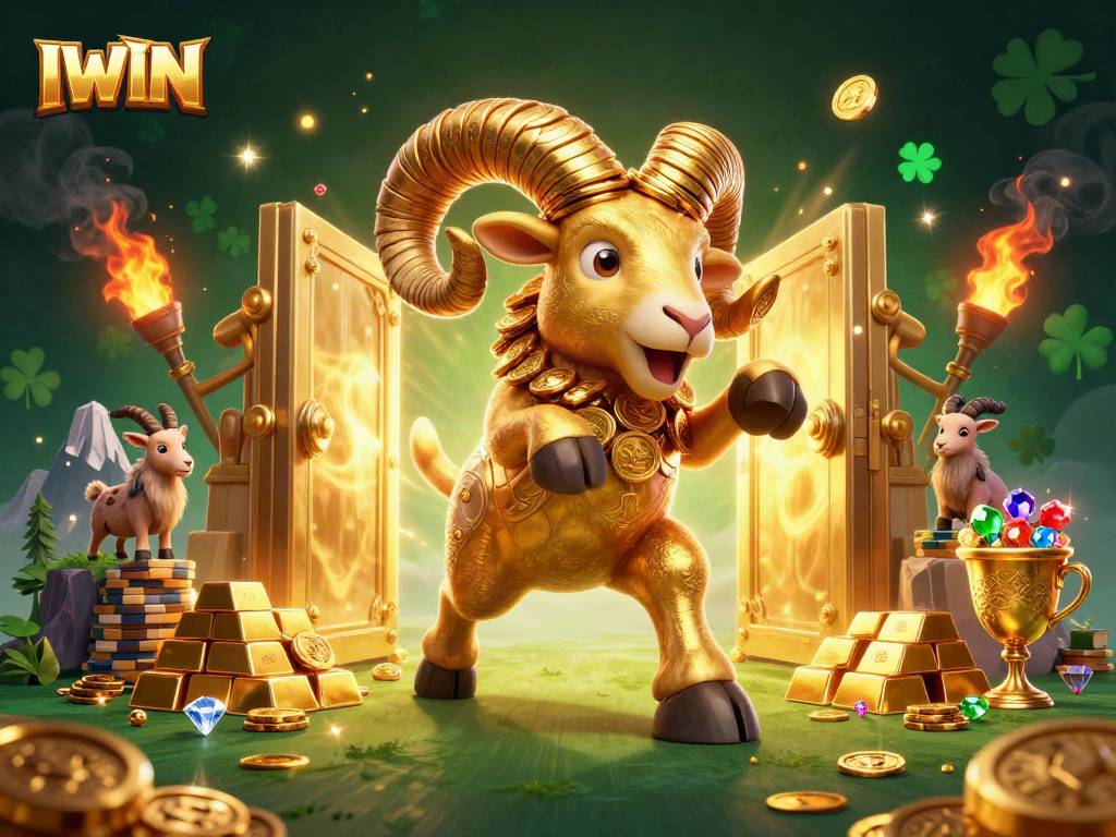 IWIN engages players with a golden ram at the gates of a luxury casino, surrounded by treasures.