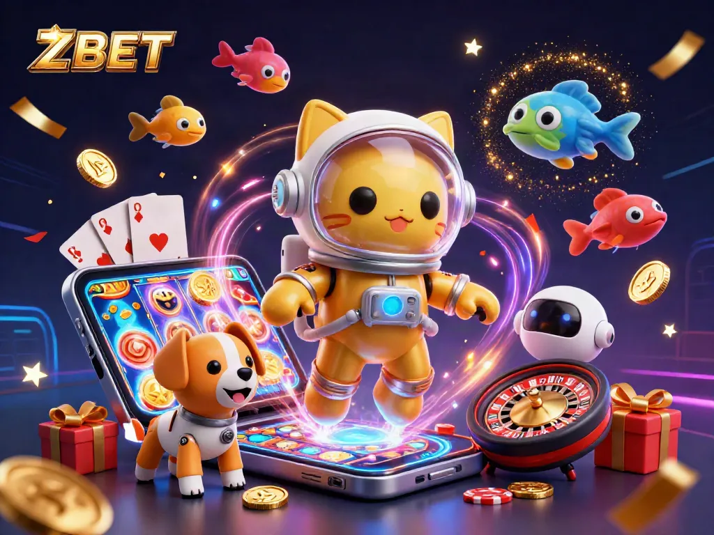 ZBET lights up the casino with a dynamic 3D illustration full of slot games, confetti, and vibrant characters.