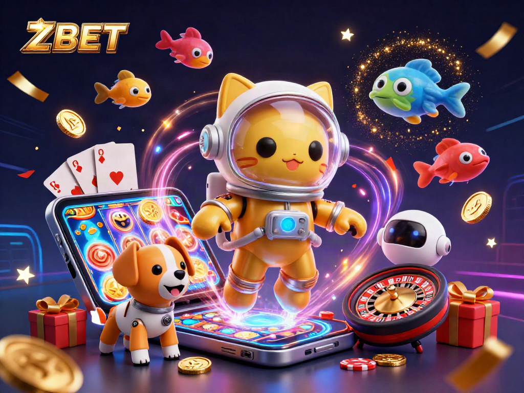ZBET lights up the casino with a dynamic 3D illustration full of slot games, confetti, and vibrant characters.