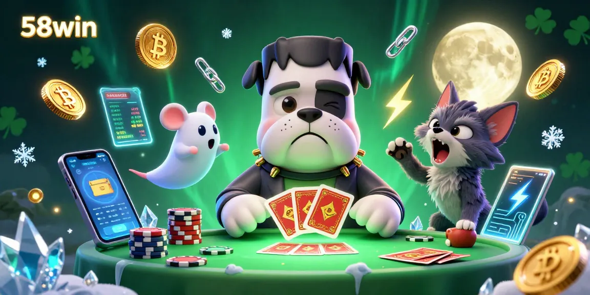 Engage with 58win in this vibrant 3D casino scene featuring a bulldog dealing cards and crypto coins.