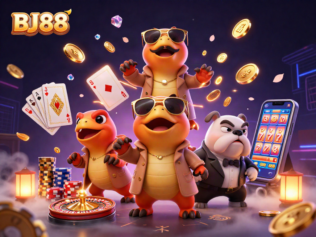 Engage in thrilling luck with BJ88 at the vibrant casino, featuring animated raptors and dynamic gaming elements.