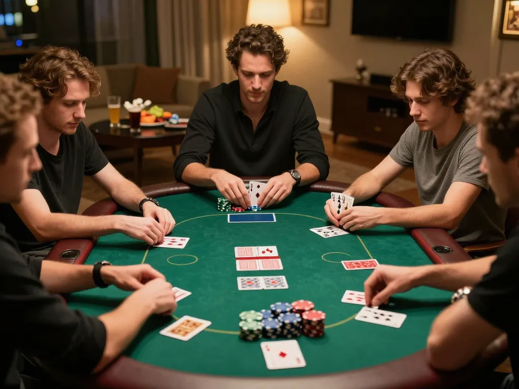 Engaging poker game strategy session at home, showcasing players focused on slot gacor odds and winning strategies.