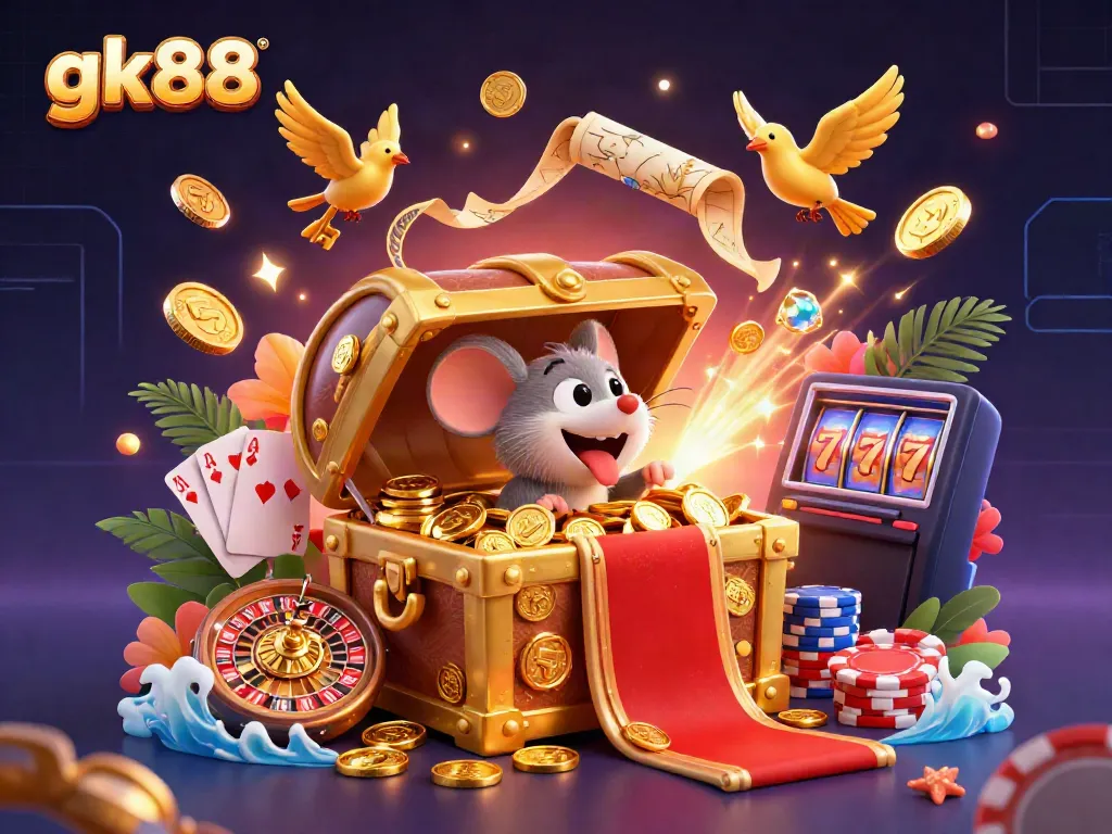 Experience the vibrant casino atmosphere at gk88 with treasure chests, mobile games, and dazzling coins.