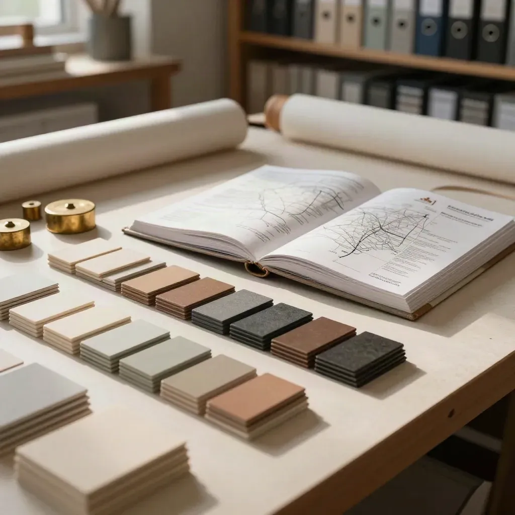 Brand strategy swatches, tabbed sample cards, and a clothbound playbook in a studio.