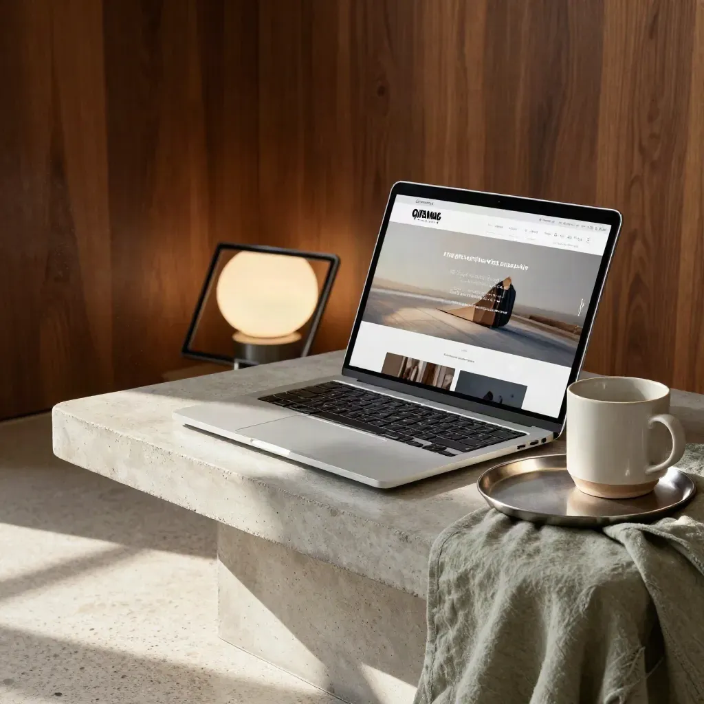 Closed laptop, blurred tablet, and ceramic mug on a concrete side table in a warm studio corner.
