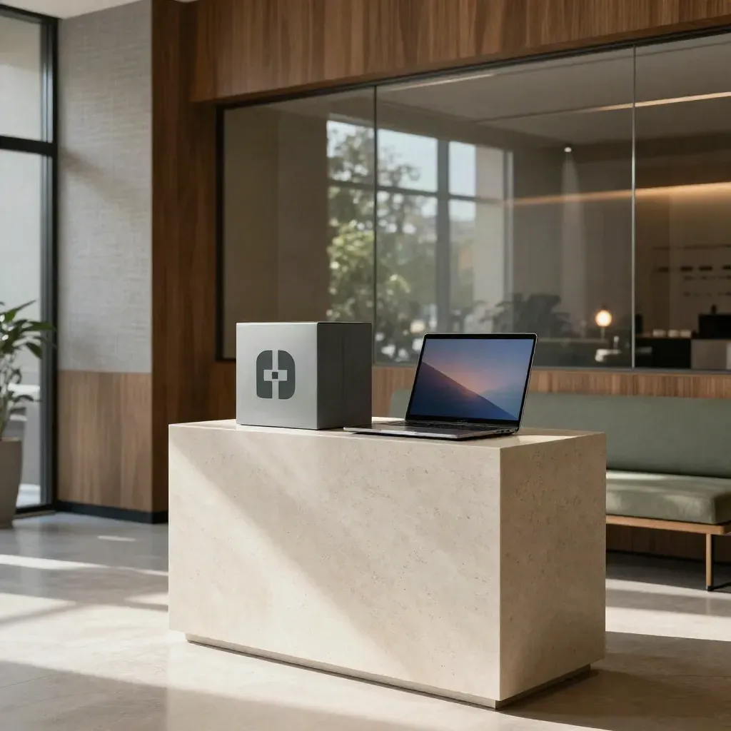 Sage logo block, launch box and closed laptop on a stone lobby plinth with warm window light.